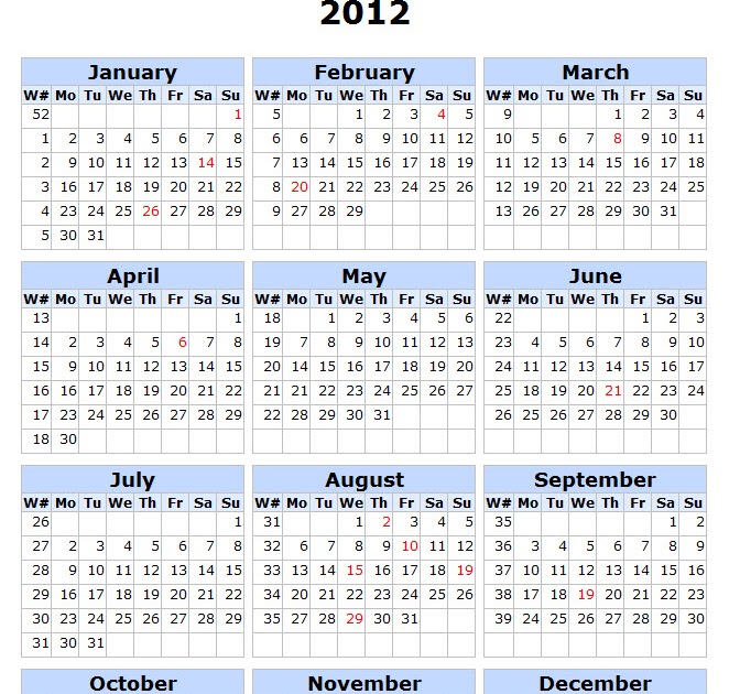 Calendar For Year 2012