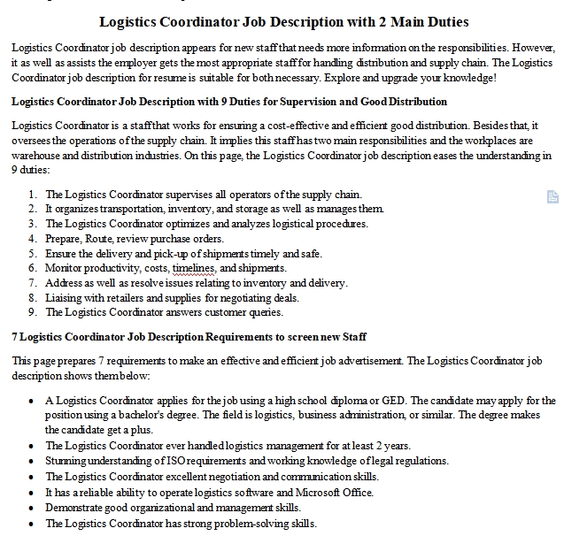 Logistics Coordinator Job Description Logistics Coordinator Job Description
